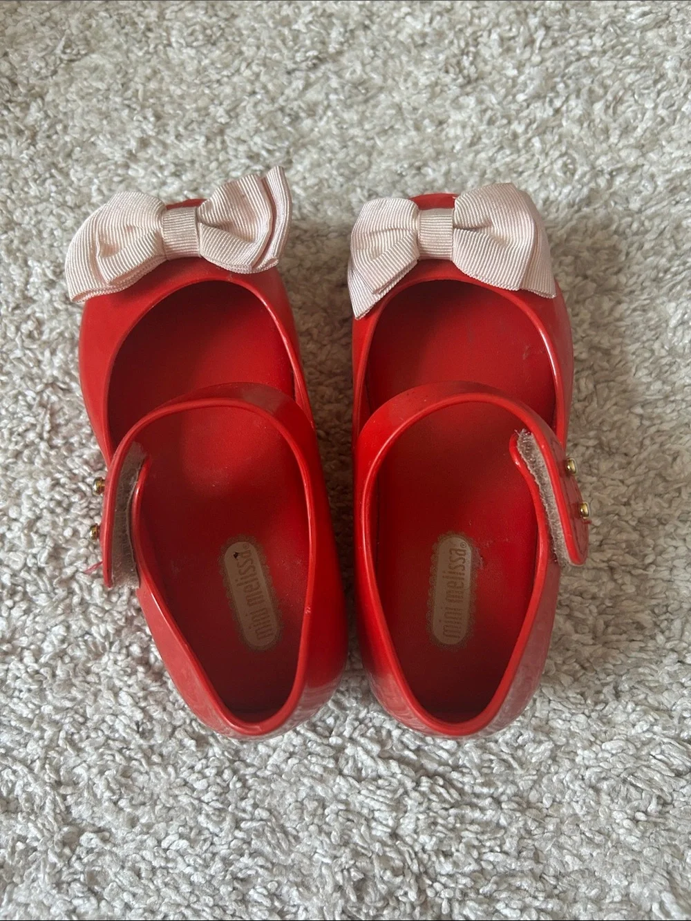 Mini Melissa Red Mary Jane Flats with Pale Pink Bows